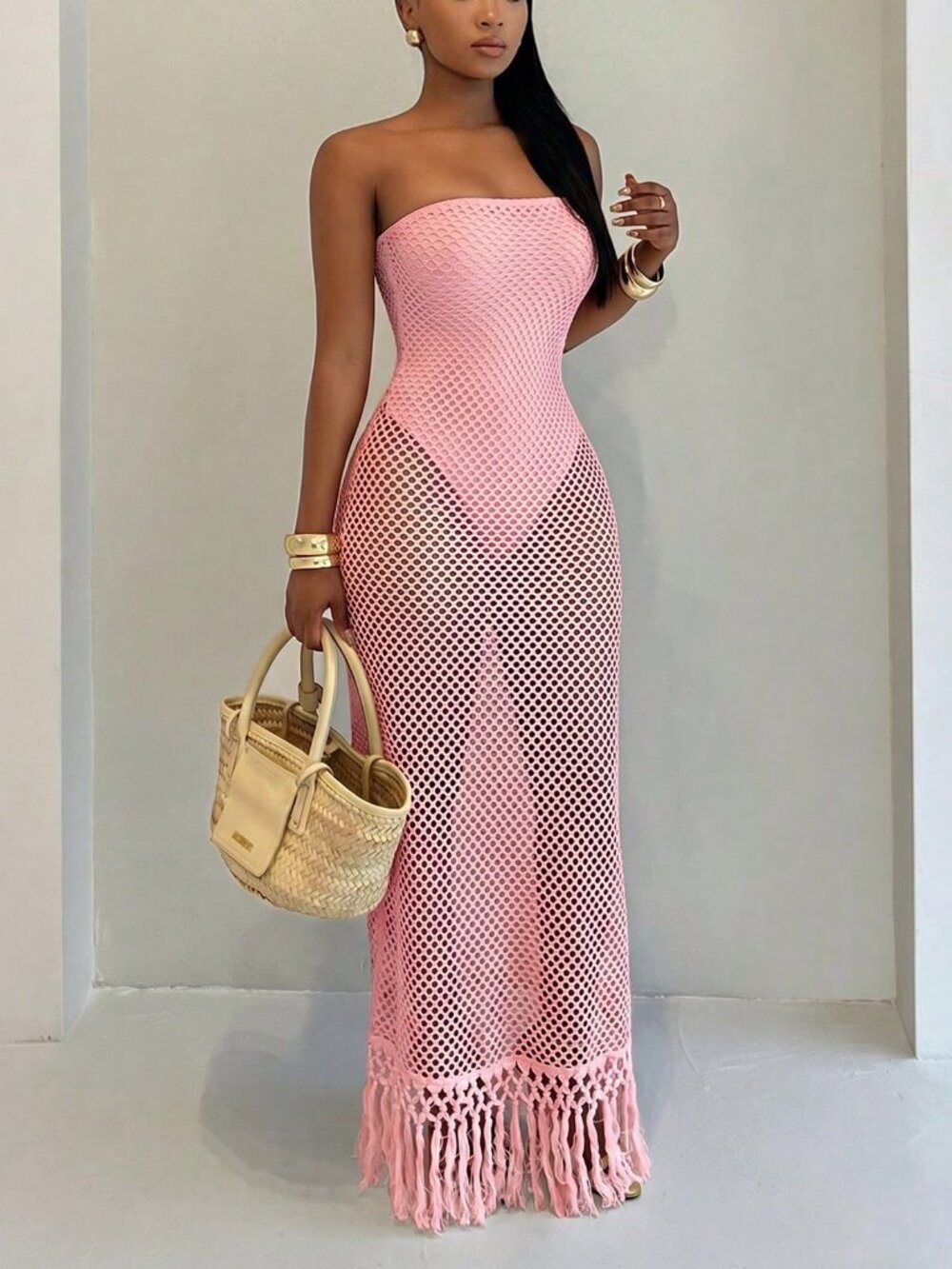 Pink Sexy Crochet Tassel Hem Beach Women's maxi Dress